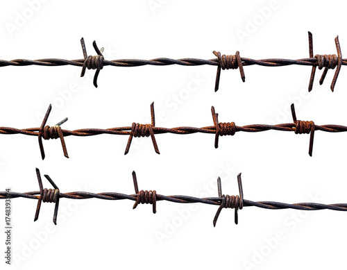 Three parallel rows of rusty barbed wire against a black background