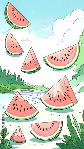Watermelon slices float in a summer landscape