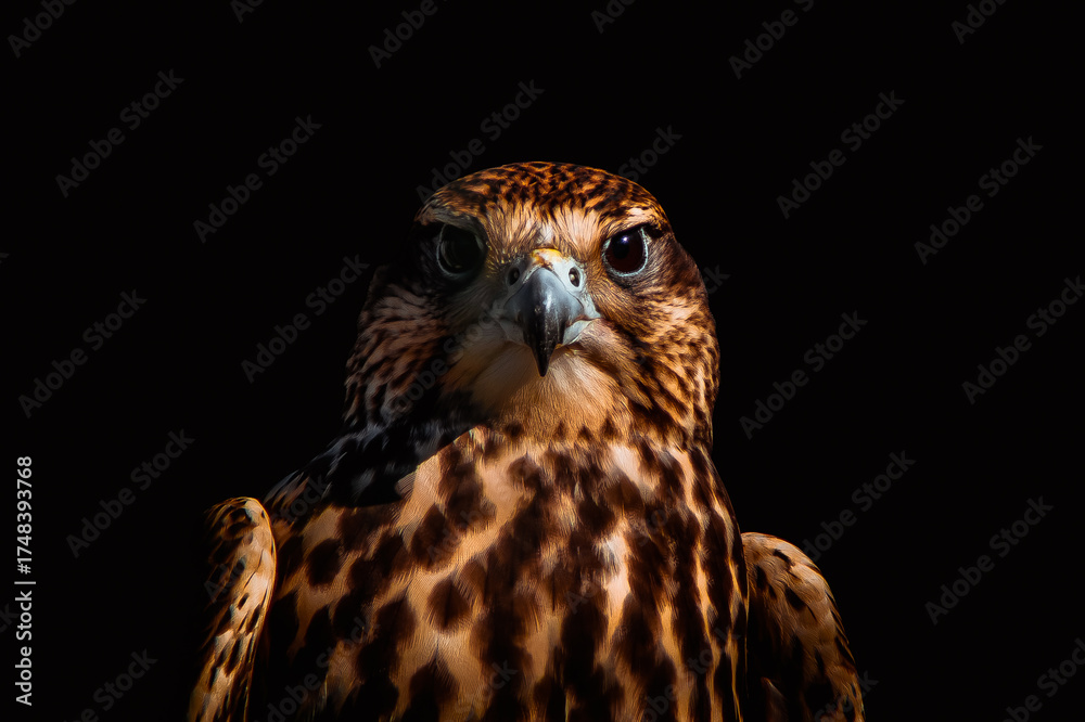 Obraz premium Close-up portrait of a saker falcon (Falco cherrug) staring directly at the camera on a black background