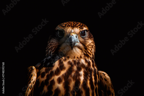 Close-up portrait of a saker falcon (Falco cherrug) staring directly at the camera on a black background