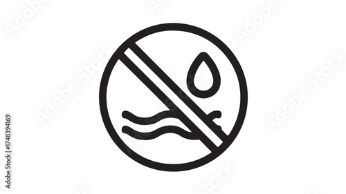 Clear prohibition symbol indicating no water allowed, with a droplet and waves crossed out