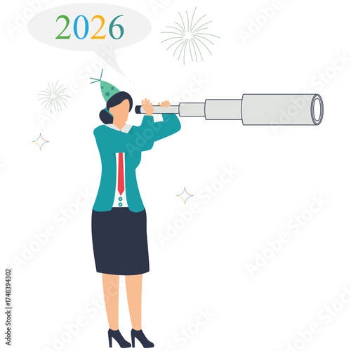 Visionary woman anticipates 2026 with telescope, symbolizing strategic planning and future opportunities, ready for business success and new year celebrations