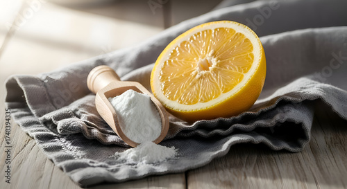 Citrus Fruit and Baking Soda on Linen Cloth, Showing Natural Cleaning or Culinary Concepts