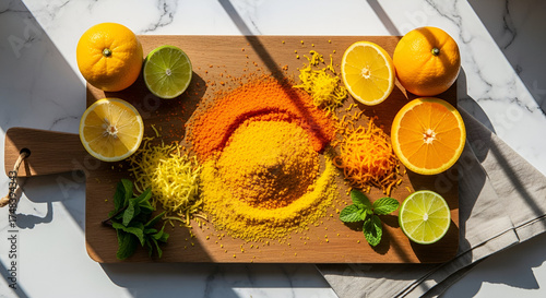Citrus Arrangement And Spices On A Rustic Wooden Cutting Board From Above