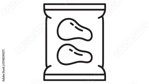 Simple line art icon of a snack bag with chips inside, representing food or treats.