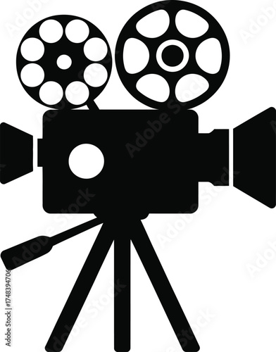 Vintage film camera icon with reels a classic cinema silhouette on transparent background