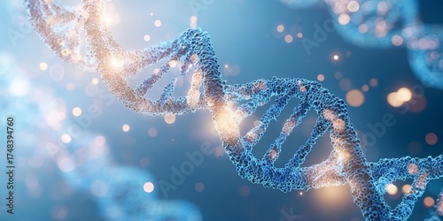 Double helix DNA structure illuminated with glowing particles in a scientific visualization