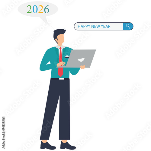 Get ready for 2026 New Year celebrations with online search, professional man using laptop thinking about future success, perfect for business planning promotions