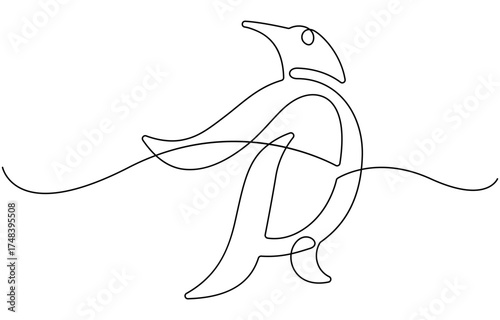 Penguin one continuous line art, Vector illustration.