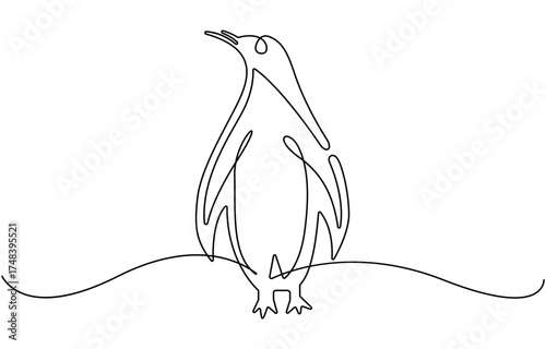 Penguin one continuous line art, Vector illustration.