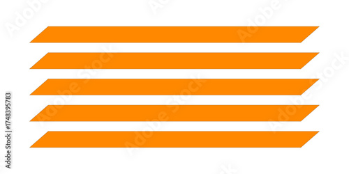 Minimalist geometric vector element set. Five clean orange parallel stripes, horizontal slanted bars, or abstract speed lines isolated on a transparent background for design templates and badges

