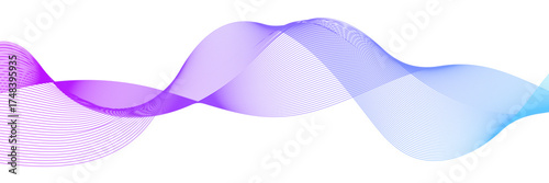 Abstract gradient wave made of fine lines with smooth blue and purple tones on transparent background
