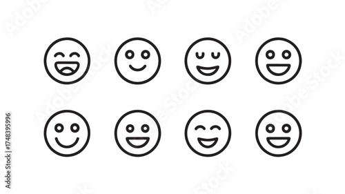 Collection of simple line art smiling faces expressing various positive emotions.