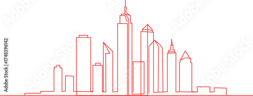 Modern city skyline silhouette with tall buildings drawn in continuous red line art style