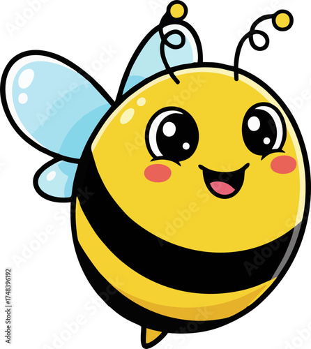 Cute Cartoon Bee Vector – Smiling Kawaii Honeybee with Blue Wings, Cheerful Face, and Black Stripes Illustration