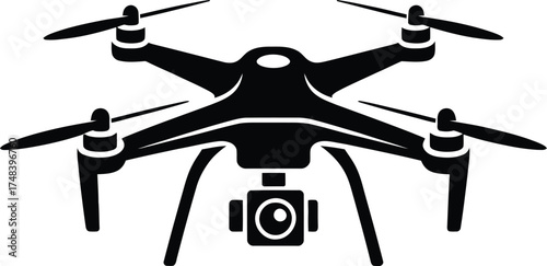 Black drone with four rotors and camera isolated on transparent background silhouette