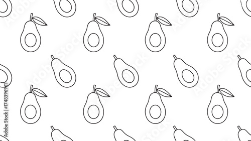 Simple, repeating pattern of avocado halves with leaves on a clean white background.