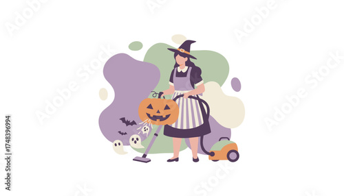 Witch vacuuming up Halloween ghosts and bats from a carved pumpkin Festive holiday cleaning concept