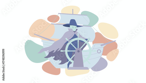 Mysterious cloaked captain steers a stylized ship Concept of journey control and adventure
