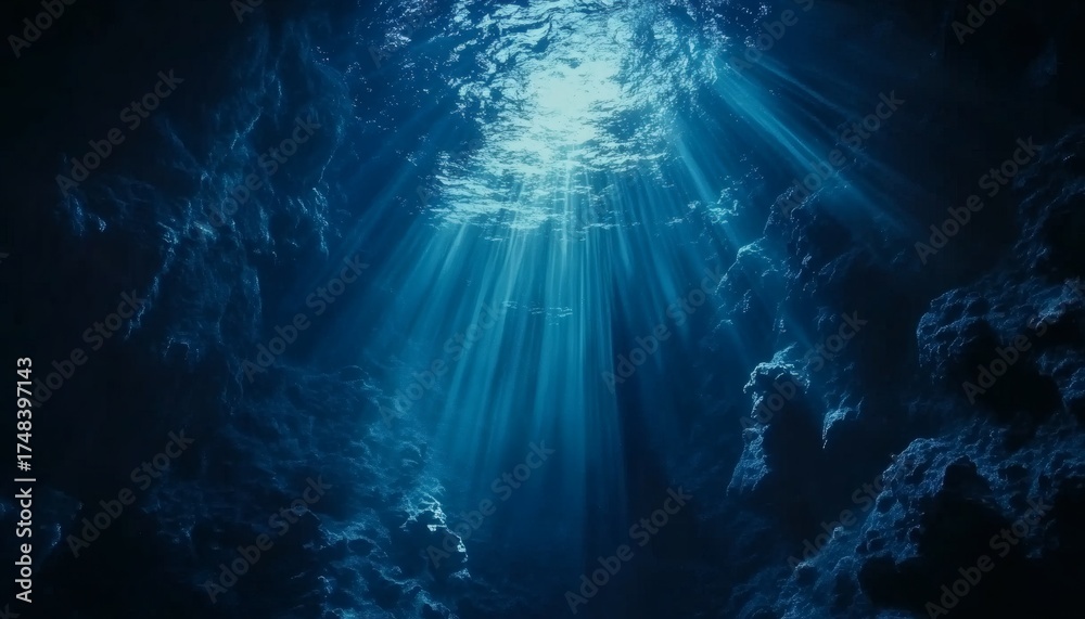 Fototapeta premium Sunbeams penetrate a dark underwater cave, illuminating the rocky walls and creating a dramatic scene