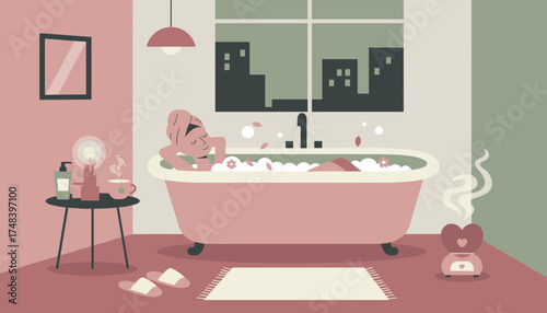 Woman relaxing in a bubble bath with city view enjoying a peaceful selfcare moment