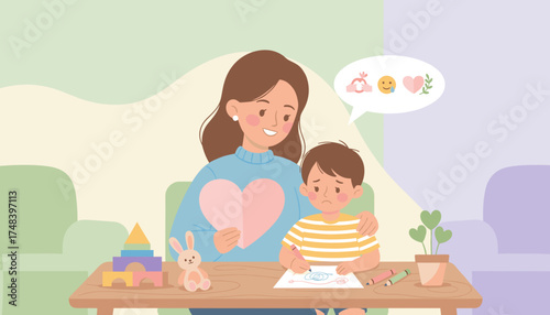 Caring mother supports her sad child drawing encouraging emotional expression and wellbeing