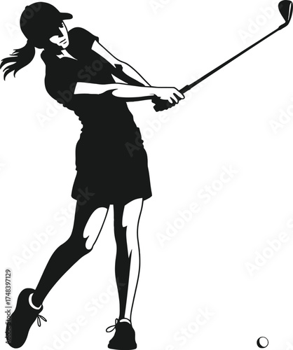 Woman golfer in action swinging her club on transparent background silhouette