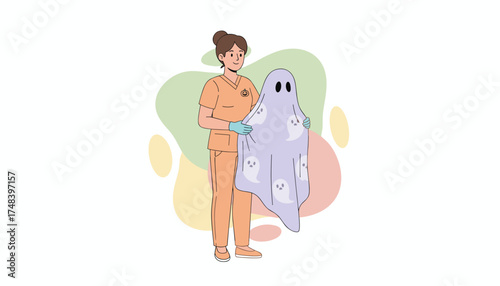 Healthcare worker in scrubs holding a ghost costume for Halloween celebration Festive and caring