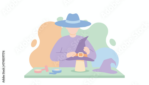 Person crafting a witchs hat for Halloween DIY costume holiday preparation creative hobby