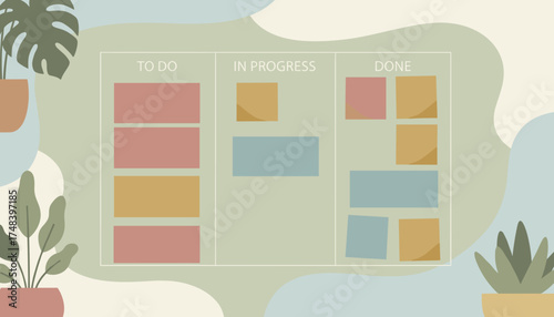 Modern minimalist Kanban board illustration for productivity task management and workflow organization
