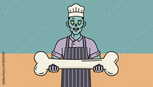 Cartoon zombie chef in apron holding a large bone Halloween horror or food concept