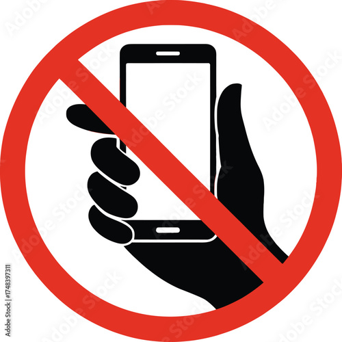 No mobile phones allowed prohibition sign with hand and phone silhouette on transparent background