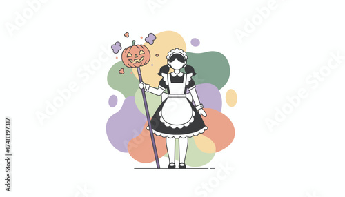 Festive maid character holding a jackolantern staff Ideal for Halloween events and seasonal designs