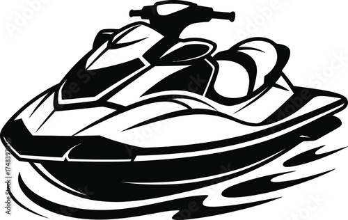 Detailed jet ski illustration with water splashes on transparent background silhouette