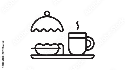 Simple line art illustration of a steaming cup of coffee and a pastry on a tray, perfect for morning breakfast concepts.