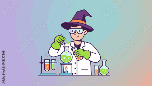 Cheerful scientistwizard conducting a colorful chemical experiment in a laboratory setting