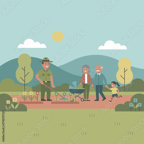Generations enjoy a beautiful day in a vibrant community park with a friendly gardener