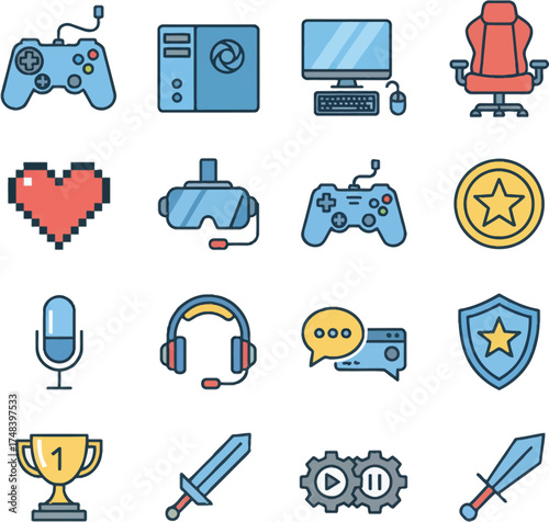 Esports and Gaming Equipment Icons. Modern Game Setup Vector Pack. Flat Gaming Symbols Collection. Esport Gear and Tools Illustration. Online Game Elements Icon Set. Gamer Lifestyle Graphic Icons