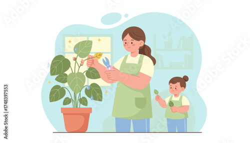 Mother and child happily prune houseplant indoors Family gardening nurture healthy lifestyle