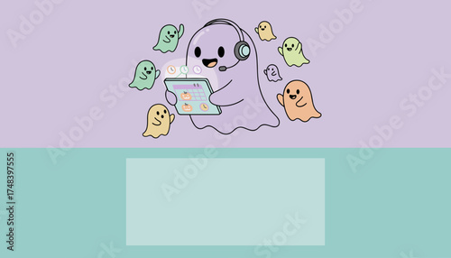Cute ghost customer service team using a tablet for Halloween event scheduling and support