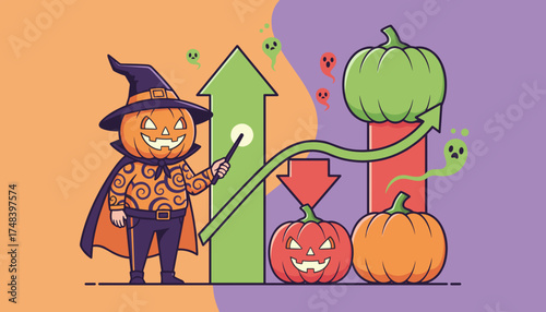 Pumpkin witch presents Halloween sales trends showing spooky market growth and decline