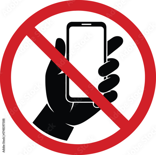 No mobile phones allowed sign with hand holding device on transparent background silhouette