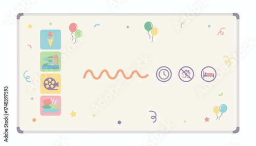 Whiteboard with icons for vacation leisure activities and travel planning concepts