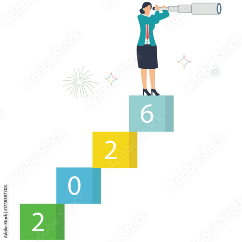 Ambitious businesswoman looking forward to 2026 with spyglass on staircase blocks, envisioning success and strategic planning for the future, growth concept