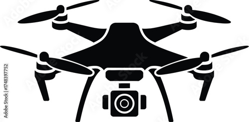 Detailed black drone illustration with propellers camera and landing gear silhouette on transparent background