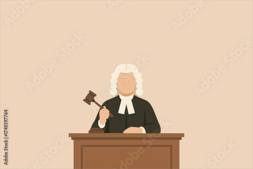 Flat vector illustration of a judge sitting at a courtroom desk holding a gavel. The judge wears a traditional black robe and white wig, symbolizing law, justice, and authority.