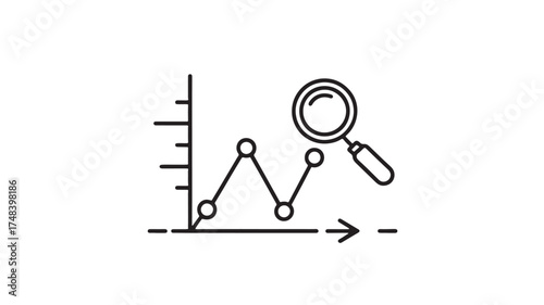 Magnifying glass examining a growing line graph, symbolizing data analysis and growth.