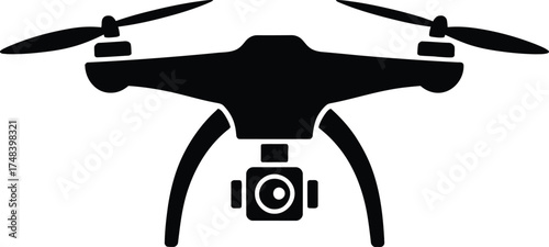 Black drone icon with propellers and camera perfect for design on transparent background silhouette