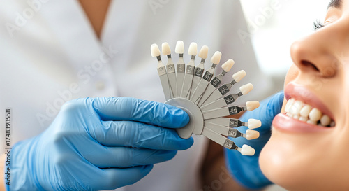 dental professional is selecting tooth shades for patient, showcasing range of color options