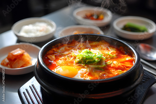 steaming bowl of kimchi jjigae, a traditional korean stew with rich red broth and fresh herbs, with rice and kimchi. 
